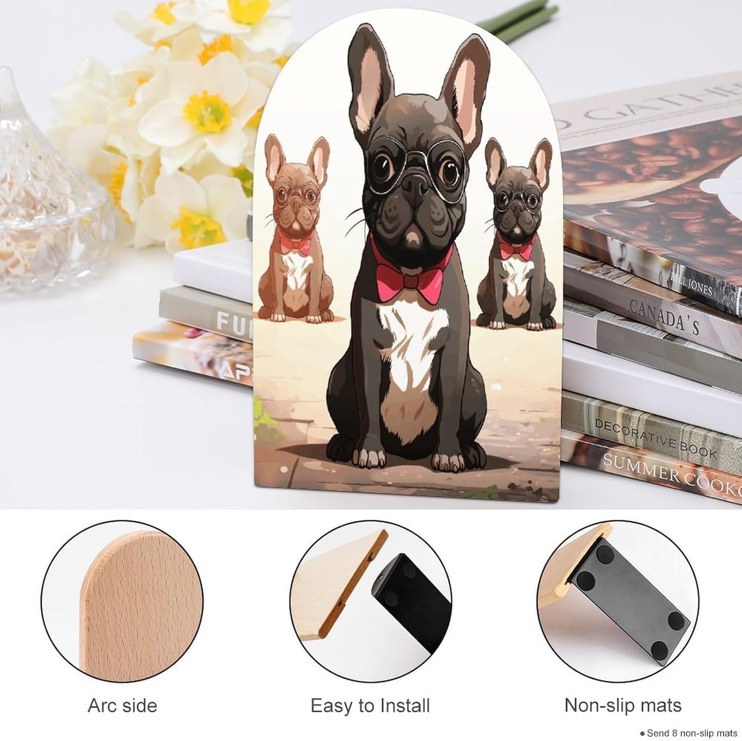 Cartoon Dog French Bulldog Bookend for Shelves Wooden Book End Large Size Sturdy Book Holders Stoppers with Metal Base for Bookshelves Slick Decorative Bookends Stands