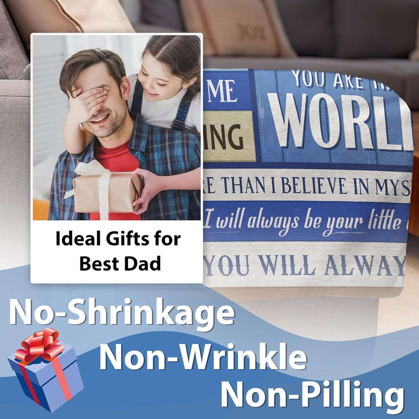 Bonus Dad Gift from Daughter Son Flannel Throw Blanket, for Stepped up Dad, Birthday Ideas for Men, Blue Soft Farmhouse Bedding Sofa Blankets Present 50 x 60 in