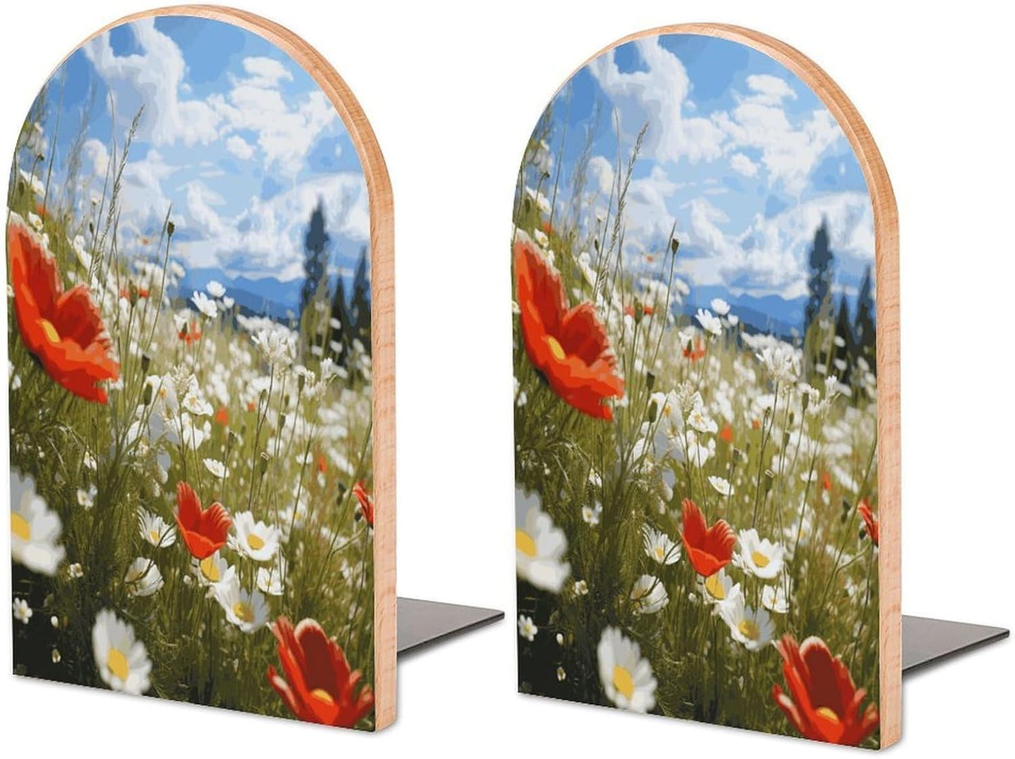 Meadow and Daisy Flowers Bookend for Shelves Wooden Book End Large Size Sturdy Book Holders Stoppers with Metal Base for Bookshelves Slick Decorative Bookends Stands