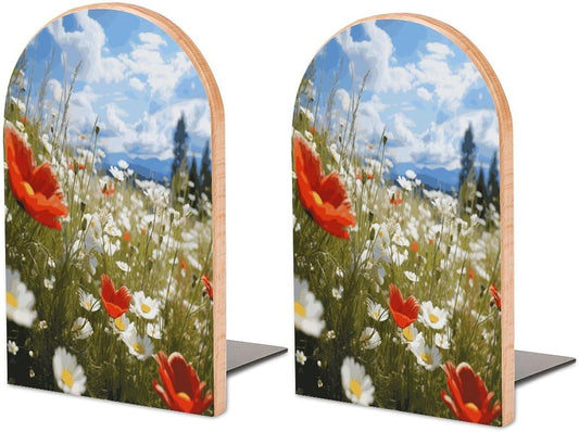 Meadow and Daisy Flowers Bookend for Shelves Wooden Book End Large Size Sturdy Book Holders Stoppers with Metal Base for Bookshelves Slick Decorative Bookends Stands
