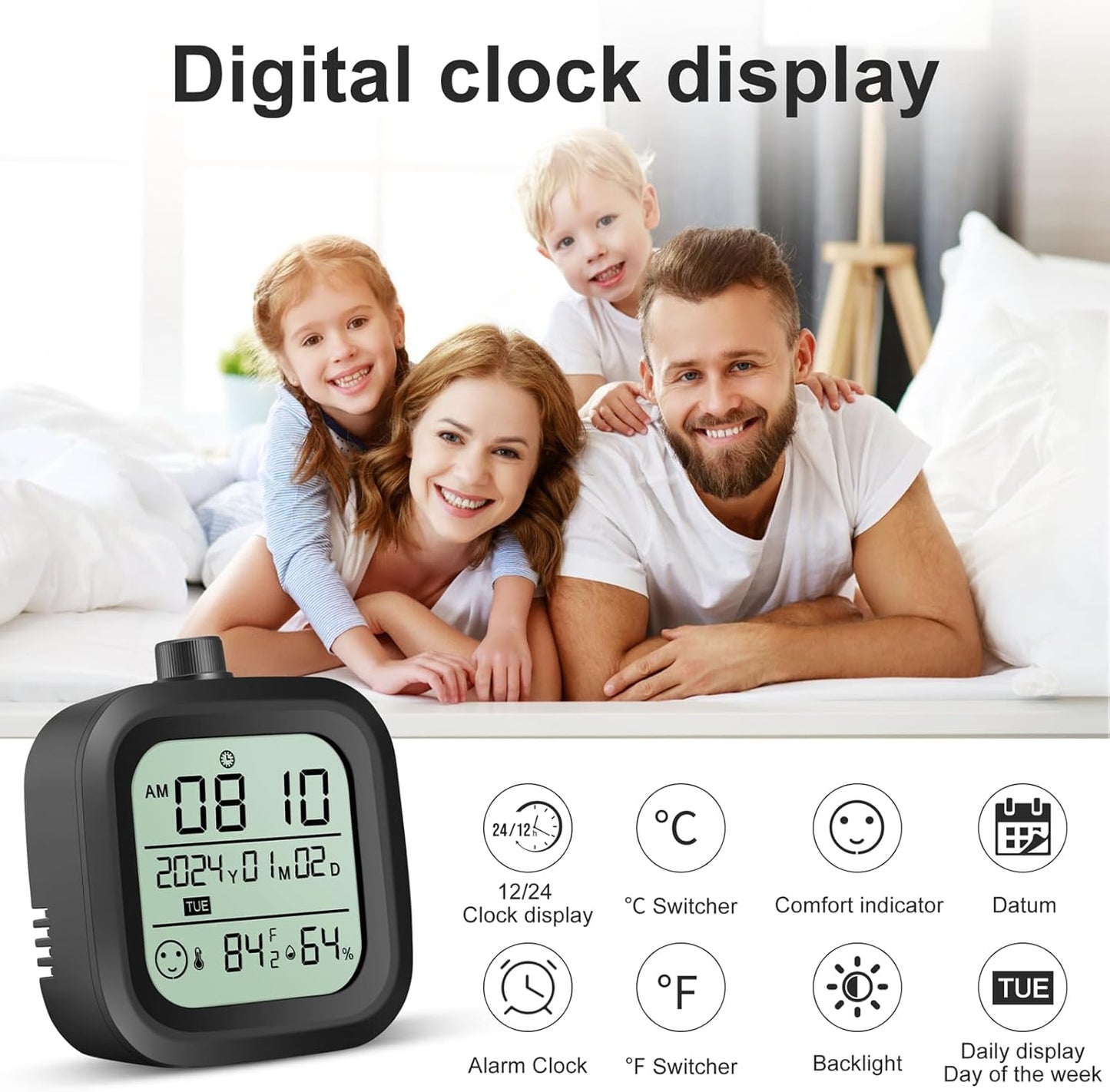 Digital alarm clock battery operation travel calendar desk shower room wall clock time thermometer hygrometer black