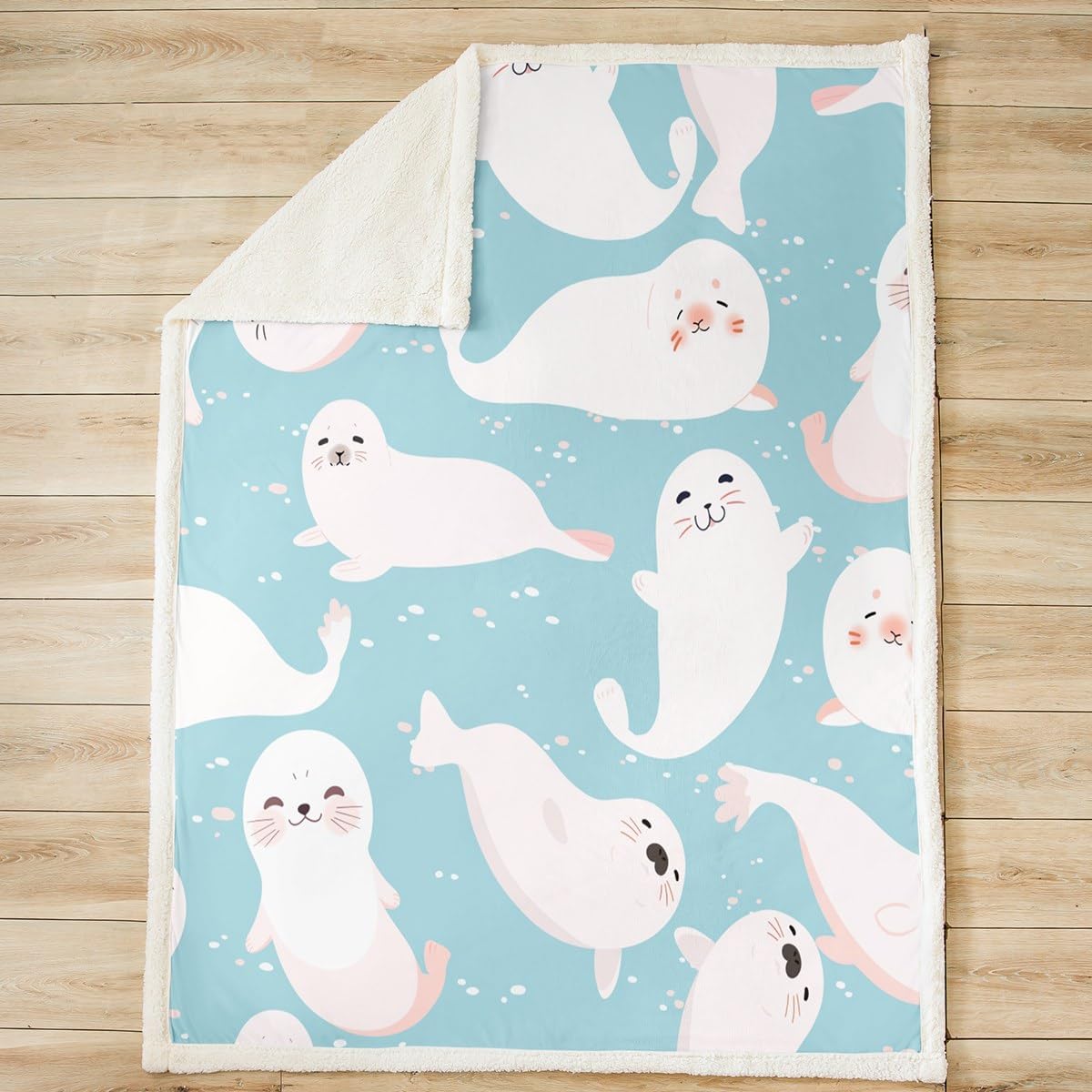 Cartoon Cute Seal Bed Throw Blanket, Blue and White Sea Creatures Print Fleece Blanket for Kids Boys Room, Soft Lightweight Polyester Sherpa Blanket for Sofa Couch, Baby Size(30x40 inch)