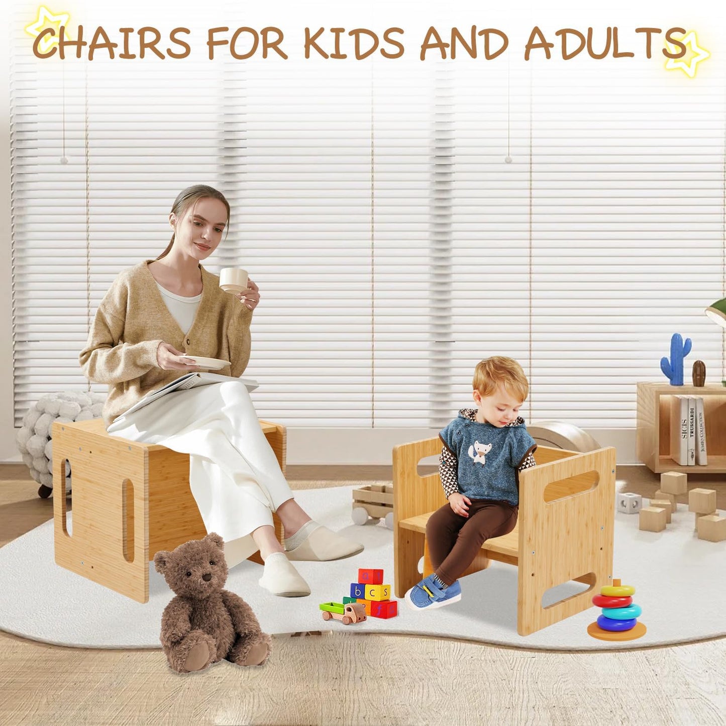 Montessori Table and Chair Set,Bamboo Wood Weaning Table and Chair Set,Adjustable Height Kids Montessori Furniture for Reading,Dining,Playing(Big Size)