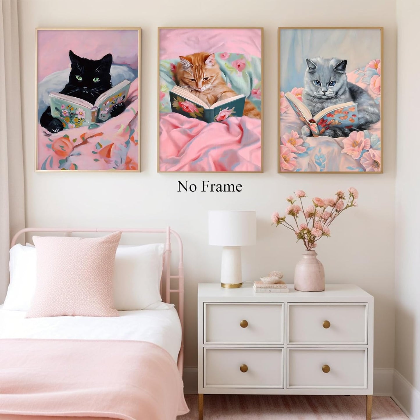 Cat Reading Book Poster Pink Cat Canvas Wall Art Funky Animal Art Prints Aesthetic Cute Paintings Animals Reading Books Wall Art Funny Pink Pictures Cute Trendy Funny Wall Print for Room 16x24in No Frame