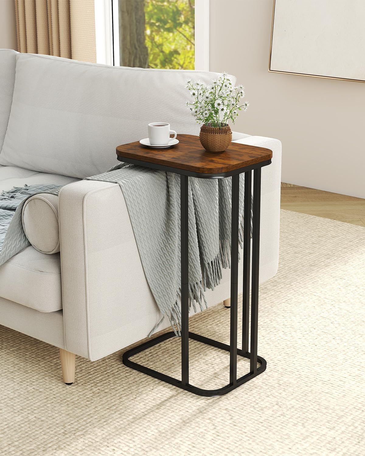 C Shaped End Table, 27 Inches High Small Side Table for Sofa and Bed, Couch Table Slides Under, Tall Tv Tray Table for Living Room, Bedroom, Metal Frame, Rustic Brown & Black