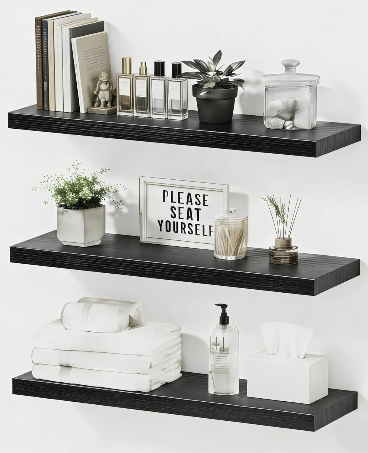 Easy Install Floating Shelves, Wall Mounted Wood Shelf,Hanging Shelf for Home Decor, Books and Storage, Small Organizer for Bedroom, Bathroom, Kitchen, 15.7 Inch Set of 3, Black