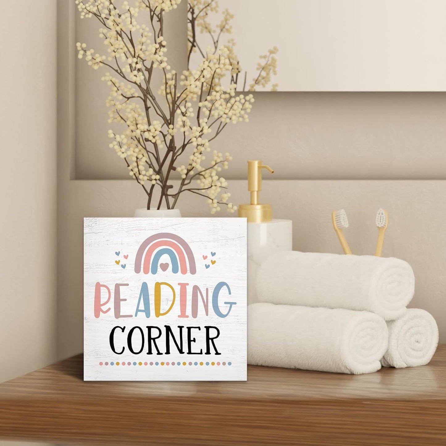 Reading Corner Wood Box Sign Desk Decor 5x5, Reading Nook, Boho Classroom Decor, Book Lover Gift Wooden Block Sign Decorations for Nursery Library Playroom Bookshelf Room Wall Tabletop Shelf