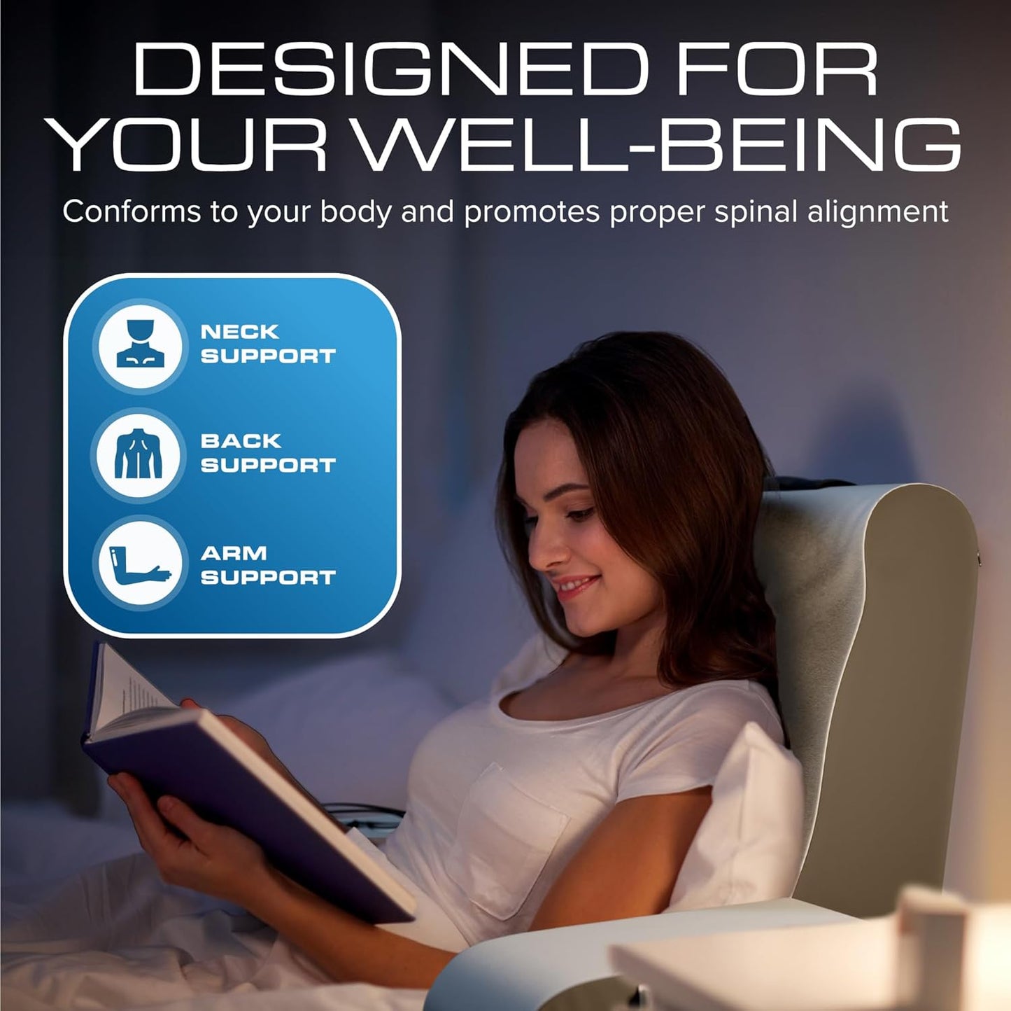 Kölbs Wedge Reading Cushion, Back Pillow for Bed Sitting Up, Cushion with Arms for TV Book Gaming Dorm Rooms, Backrest (Grey/White, Standard)