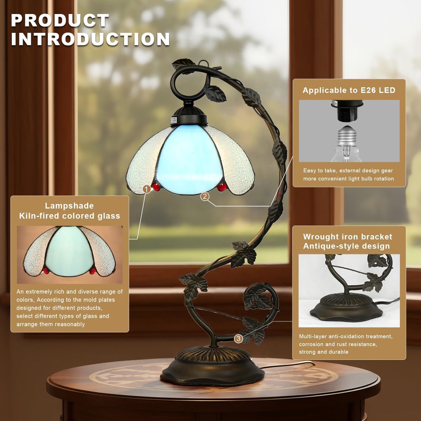 Tiffany Table Lamp, Blue and White Glass Shade with Metal Vine Base, 8x10x20 Inch
