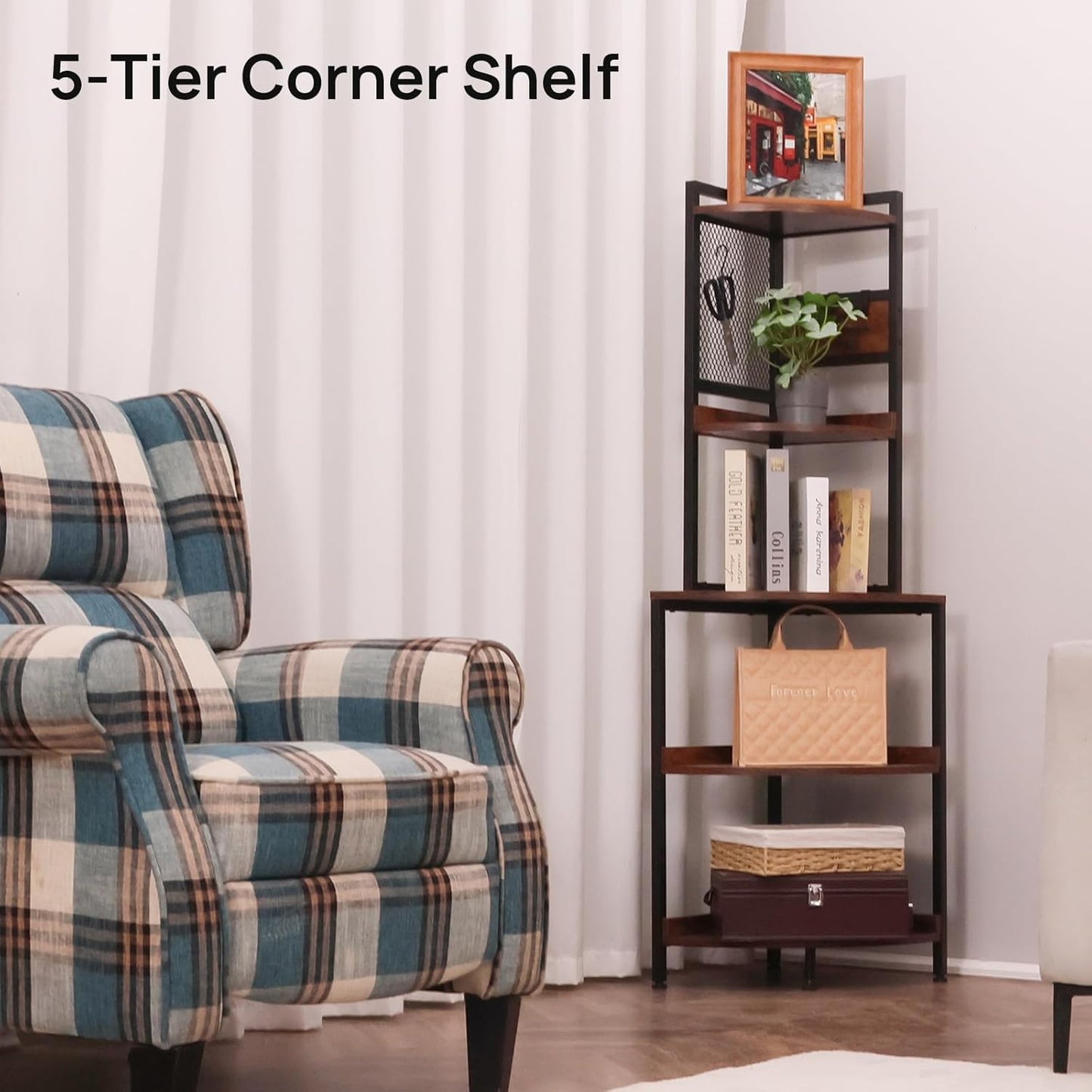 5-Tier Corner Shelf Stand – Multi-Functional Storage Unit with Metal Frame (Living Room/Home Office/Bedroom)