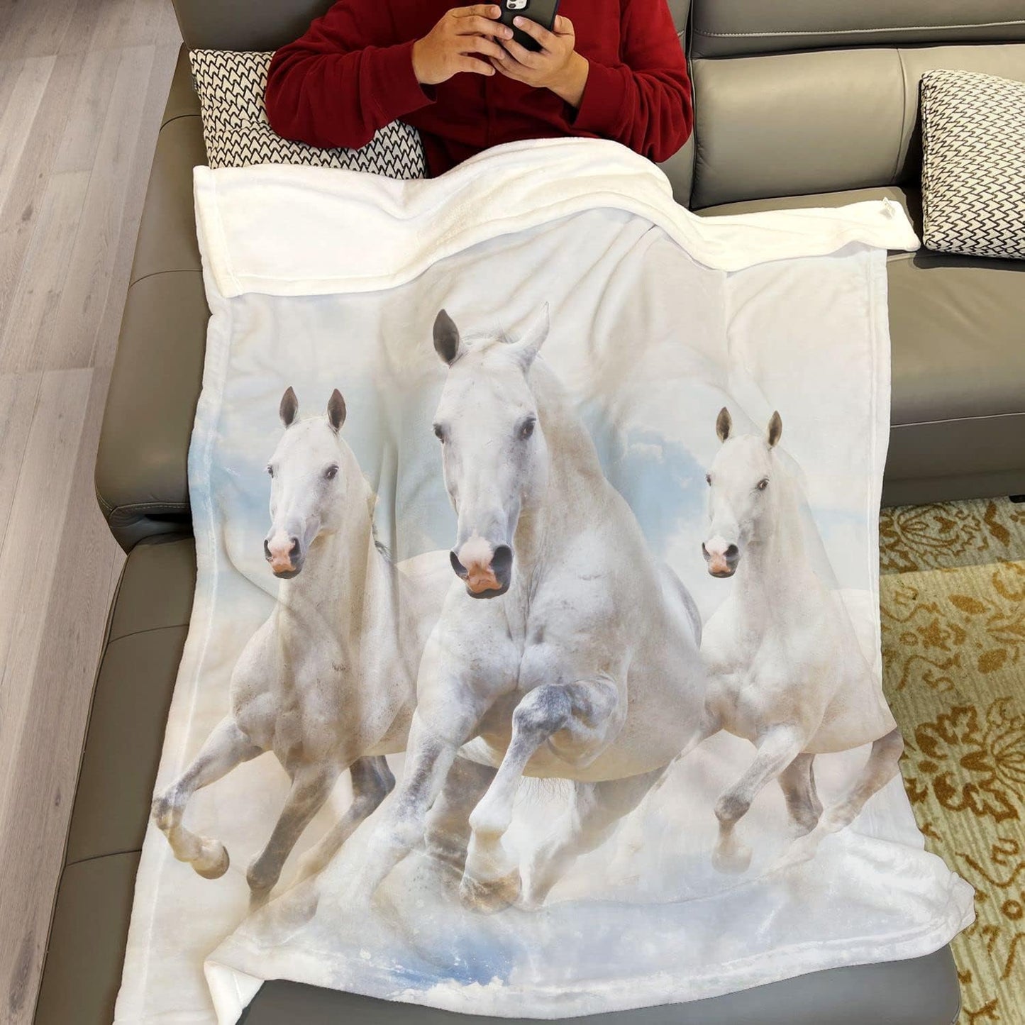 White Horse Throw Blanket Simple Design Running Animal White Cloud Fleece Blanket Soft Warm Cozy for Sofa Couch Bed 50"x60"