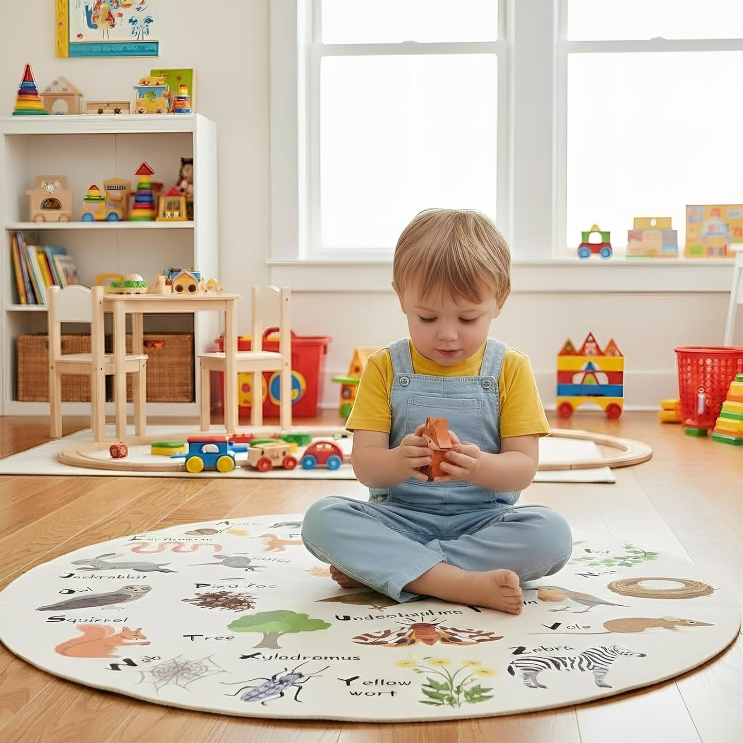 Capoda Alphabet Round Rug for Playroom Learning Alphabet Mat Woodland Animal Carpet Education Crawling Rug for Nursery Toddler Kids Bedroom Reading Corner Decor Supplies, 40 Inch