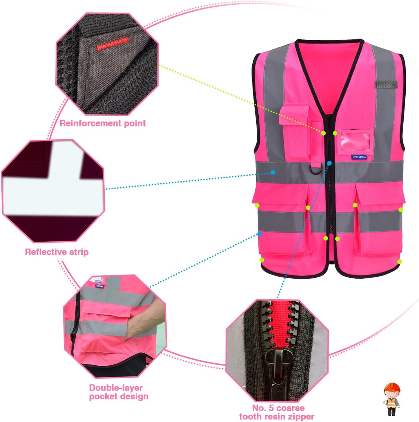 A-SAFETY Pink Safety Vest with Pockets Hi Viz Zipper Front Working Safety Vest with Reflective Strips, Multiple Colors Available,Large