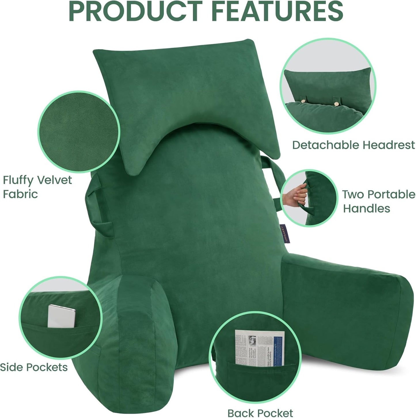 Portable Reading Pillows with Headrest for Bed Sitting Up(Green Oeko-Tex), Velvet Back Pillow with Arms & Pockets for Adults, Support Memory Foam Bed Pillow for Dorm/Reading/Watching/Gaming
