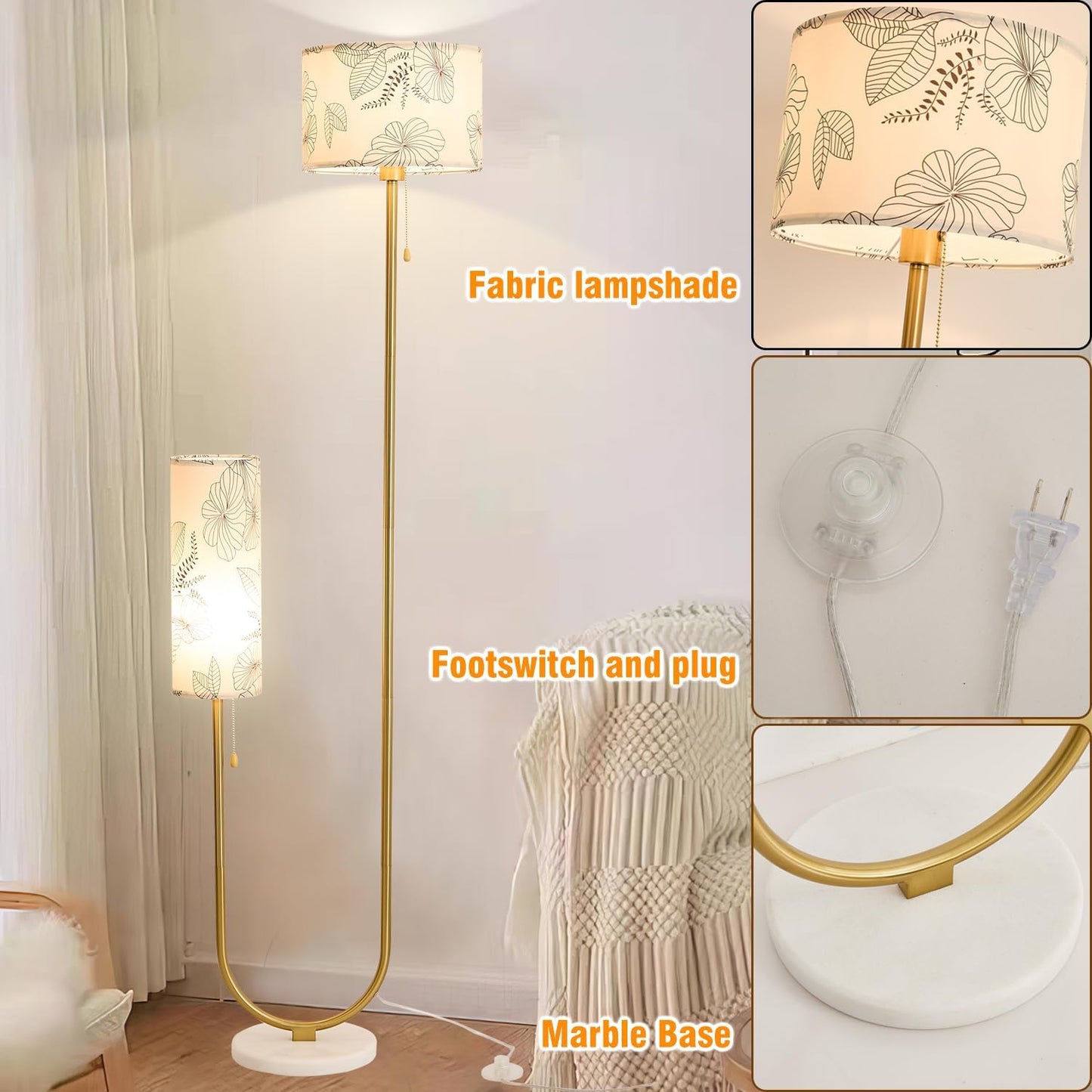Floor Lamp for Living Room,Modern U-Shaped Standing Lamps with 2 Fabric lampshades, Rustic Farmhouse Tall Pole Light for Bedroom Corner Reading (Gold+White Shade)