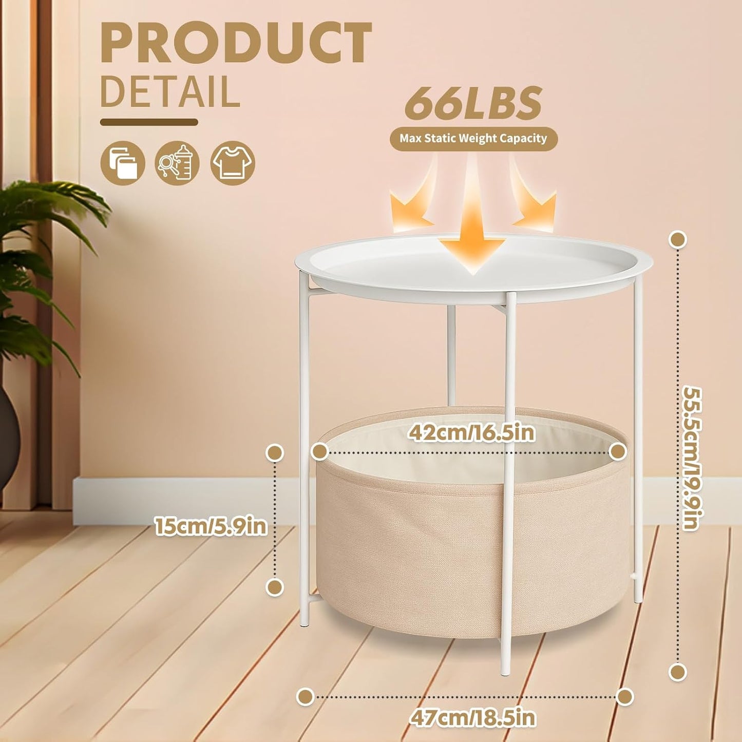 ShellKingdom End Table, Small Round Side Table with Fabric Basket, Metal Night Stand with Removable Tray for Living Room, Bedroom, Nursery, Laundry (White)