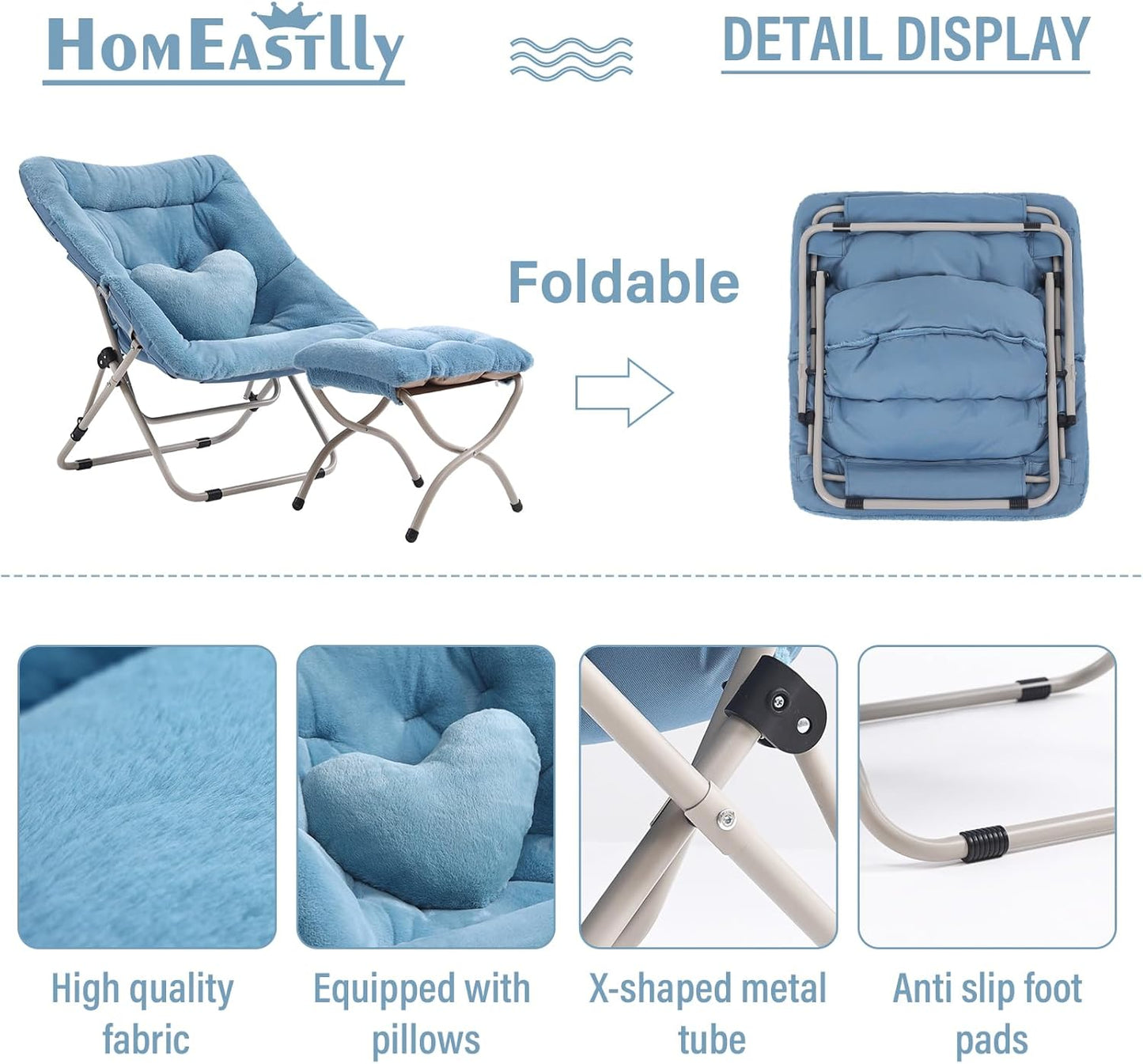 Saucer Chair with Ottoman, Comfy Oversized Folding Chair, Faux-Fur Reading Chair for Teens, Adults, Foldable Accent Lazy Chair, Metal Frame Chair for Living Room, Bedroom, Blue