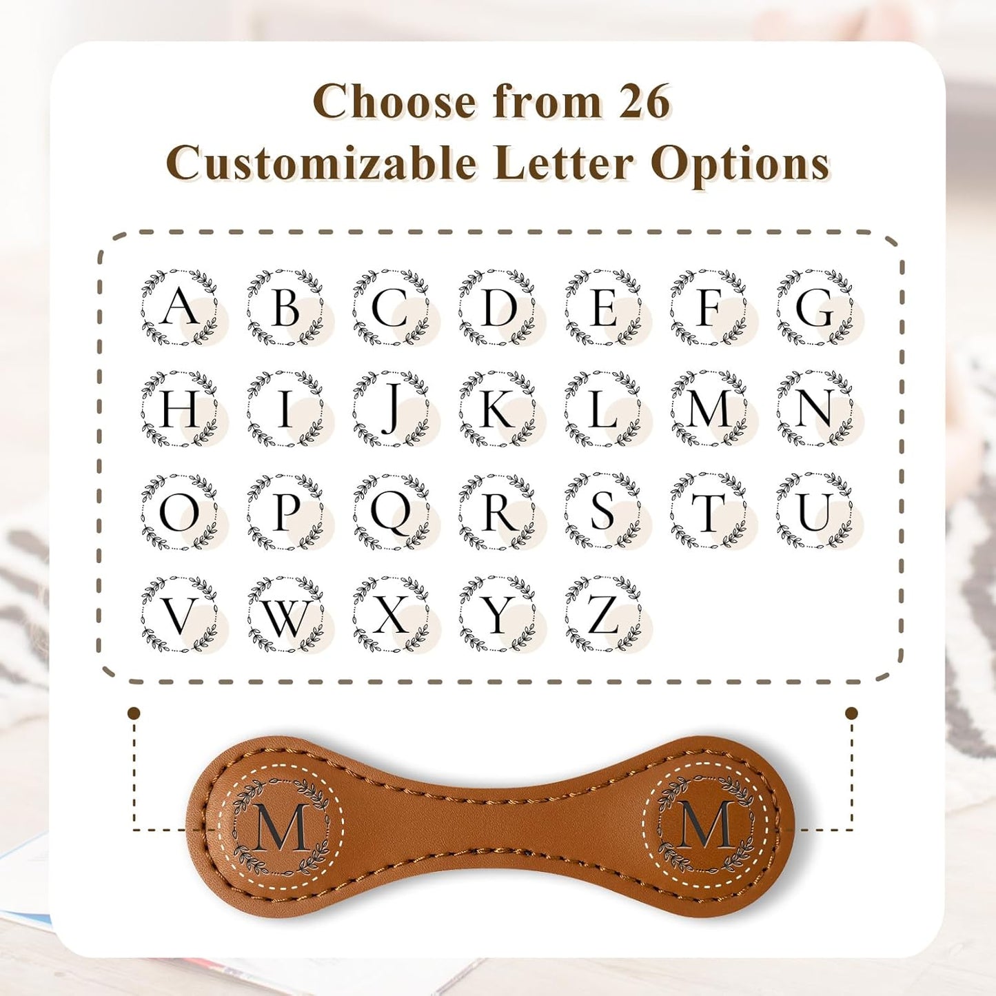 Personalized Leather Magnetic Bookmark with Pen Holder – Custom Initial Design for Readers（Brown-D）