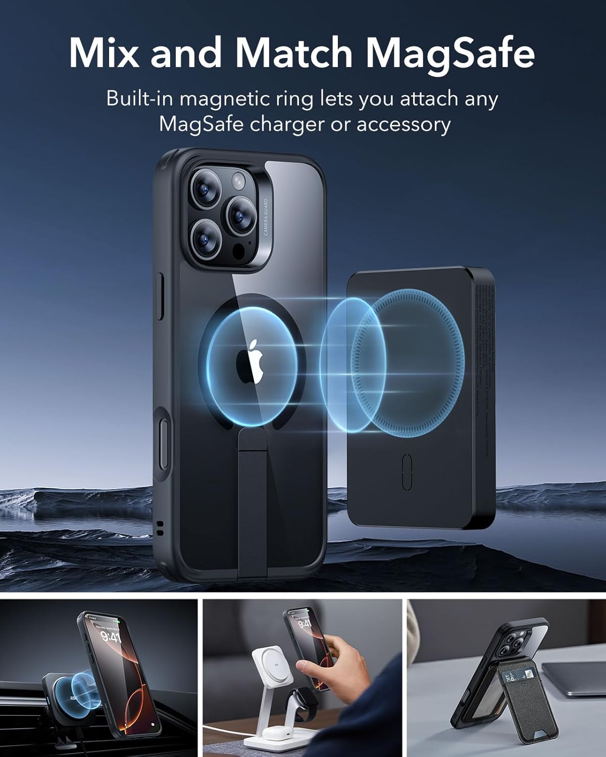 ESR for iPhone 16 Pro Max Case with Kickstand, Military-Grade Shockproof Protection, Magnetic Fully Adjustable Flickstand Phone Case, Compatible with MagSafe Accessories, Boost Series, Clear Black