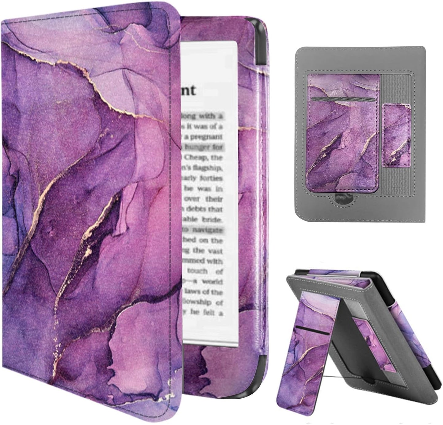 Stand Case for 6" Kobo Clara Colour/Clara BW (2024)/Clara 2E (2022)/Tolino Shine Color/Shine 5/Shine 4,Durable PU Leather Cover with Auto Sleep Wake, Card Slot, Hand Strap Feature,Marble Purple