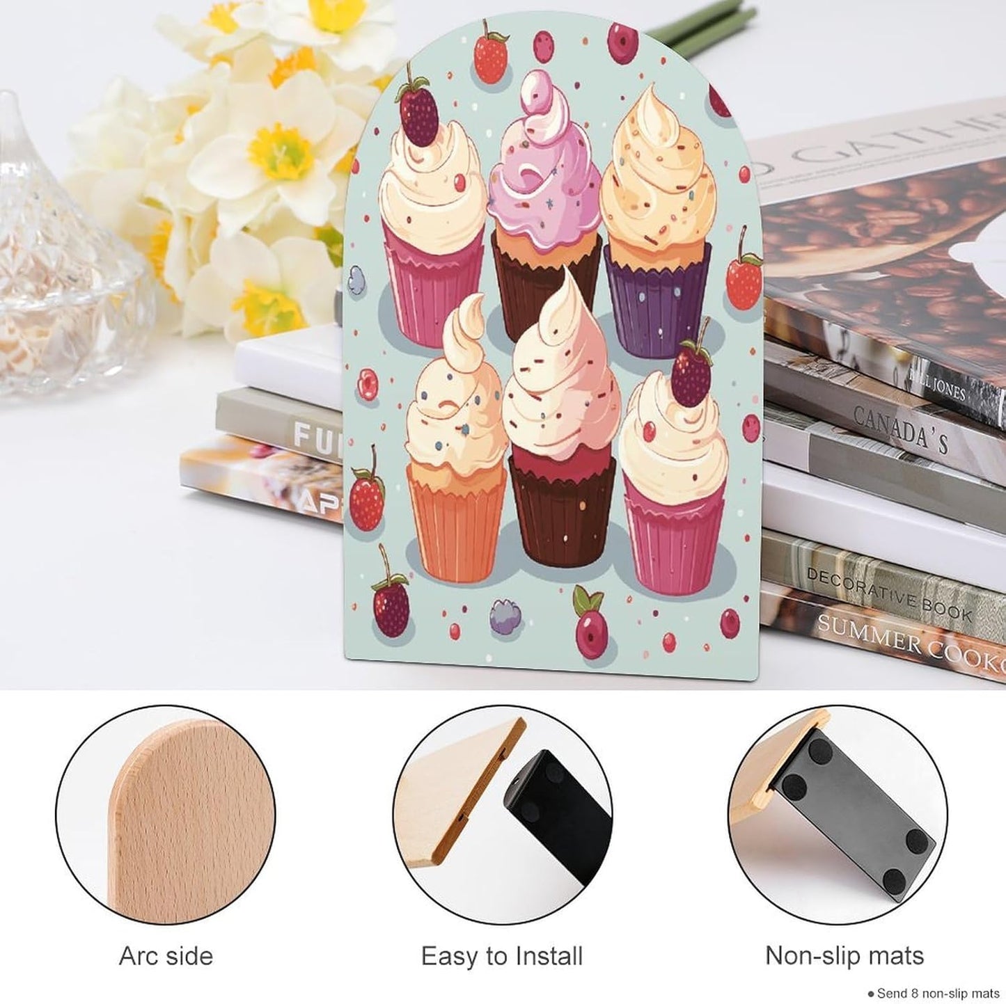 Delicious Cupcakes Bookend for Shelves Wooden Book End Large Size Sturdy Book Holders Stoppers with Metal Base for Bookshelves Slick Decorative Bookends Stands