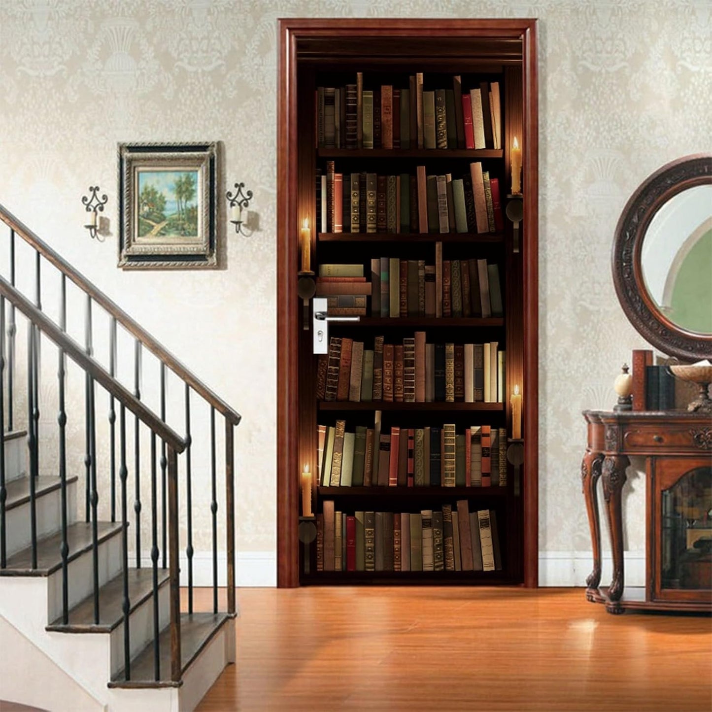 3D Door Stickers for Interior Doors Mysterious Old Library Bookshelf with Candle and Books Vinyl Waterproof Self Adhesive Door Mural Decals for Bedroom Office Bathroom 90 x 200cm