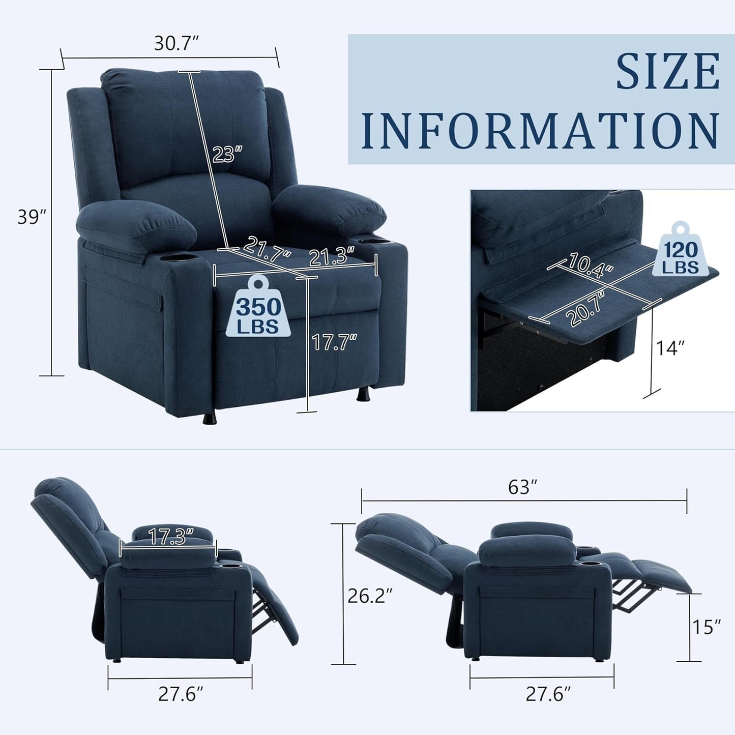 Power Recliner Chair Adults Upholstered Heating Point Massage Theater Seating Single Sofa Chairs with Side Pockets Sidetable for Living Room