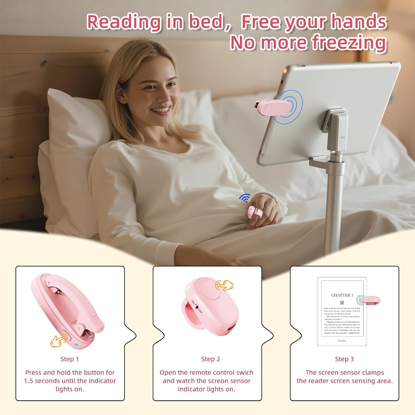 Kindle Page Turner Ring — Finger-Wear Click Controller for Comfortable One-Hand Page Turning, Ring Style Design for Reading in Bed or on The Couch（Pink）