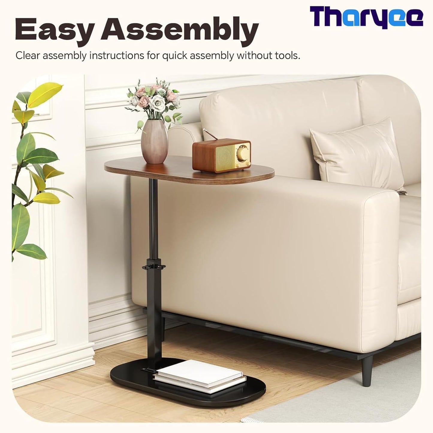 C-Shaped End Table, Adjustable Height Small Side Table for Couch, 360°Swivel Side Table Living Room and Bedroom for Sofa, Bed,Chair, Snack (Walnut)