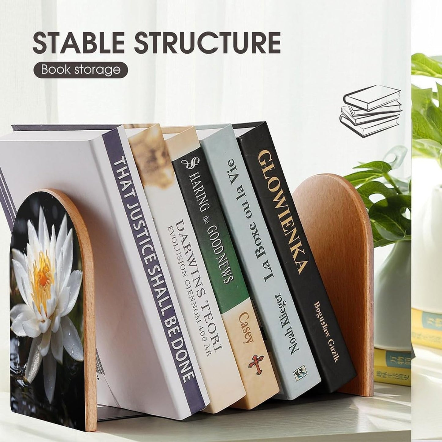 White Lotus Bookend for Shelves Wooden Book End Large Size Sturdy Book Holders Stoppers with Metal Base for Bookshelves Slick Decorative Bookends Stands