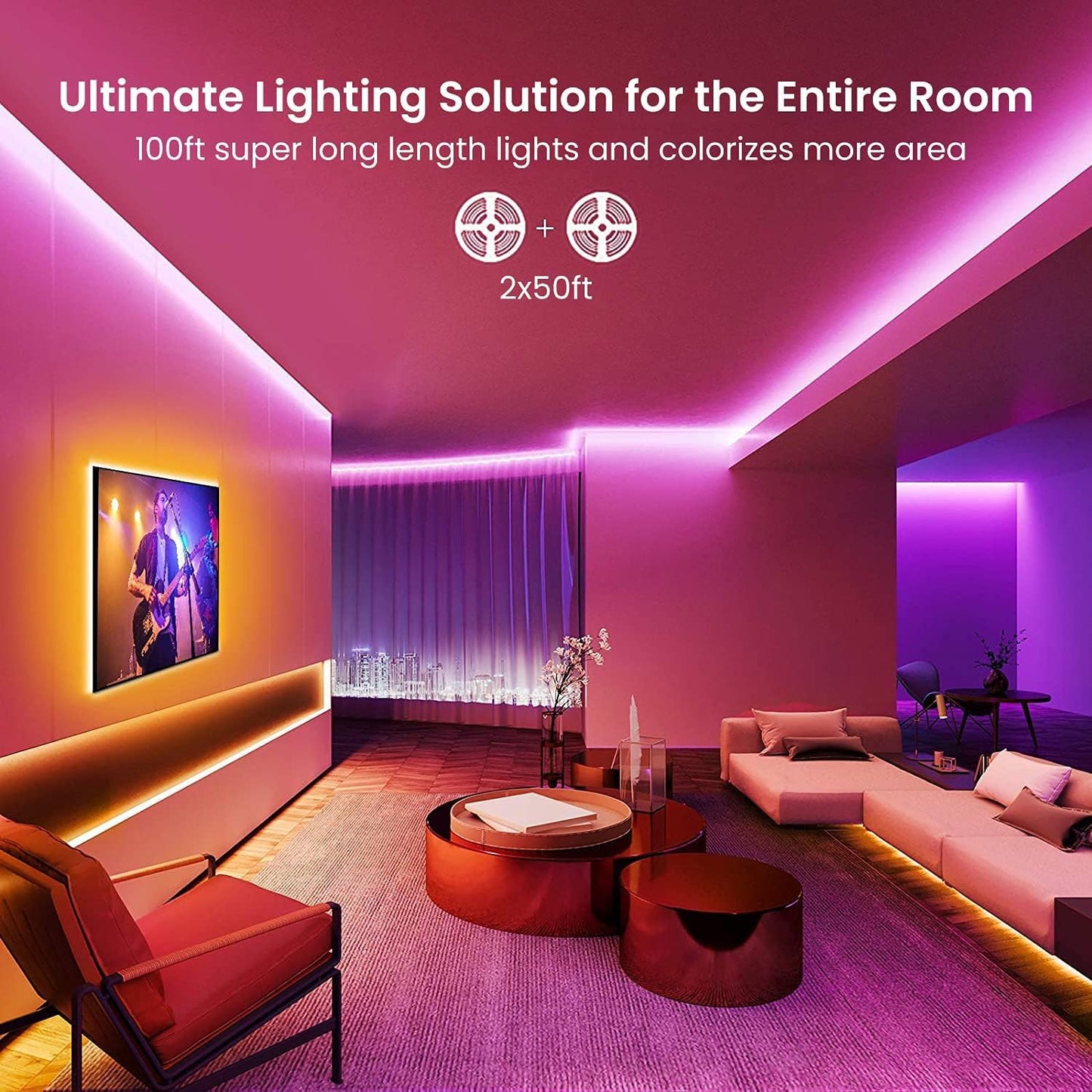 GUPUP LED Lights Strip 100 FT, LED Lights for Bedroom 100ft, RGB Rope Light for Room, Bluetooth APP Control,Color Changing Strip, Sync with Music,para Cuarto, for Bedroom Home Party Decoration