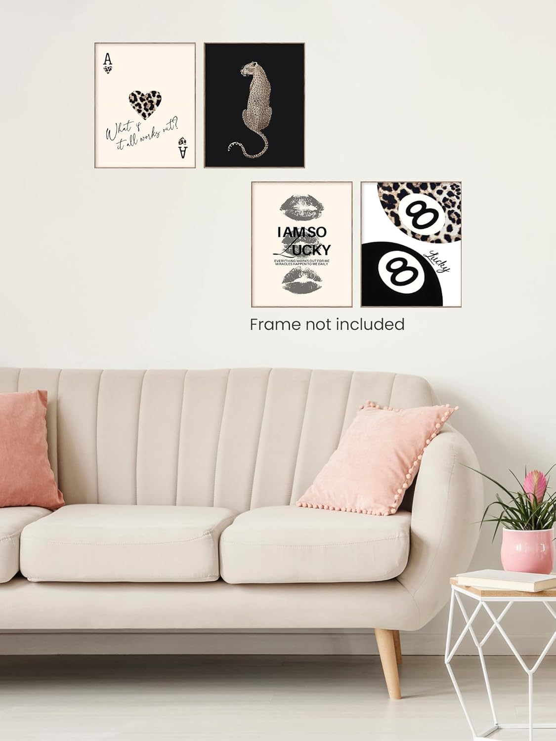 Trendy Leopard Print Lucky Girl 8 Ball Lips Cheetah Ace of Hearts Playing Card Wall Art Prints Set of 4, Funky Y2K Aesthetic Leopard Poster Wall Decor for Girls Room Dorm Apartment, 8x10 Unframed