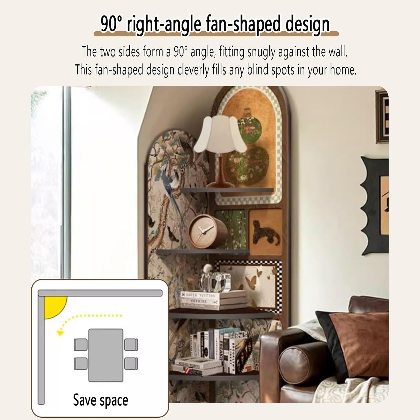 4-Tier Corner Bookcase Wood Shelf,Open Display Storage Stand Bookshelf,Fan-Shaped Storage Cabinet with Decorative Painting,Corner Wall Shelf for Living Room,Office(B,170*40cm/66.9*15.7in)
