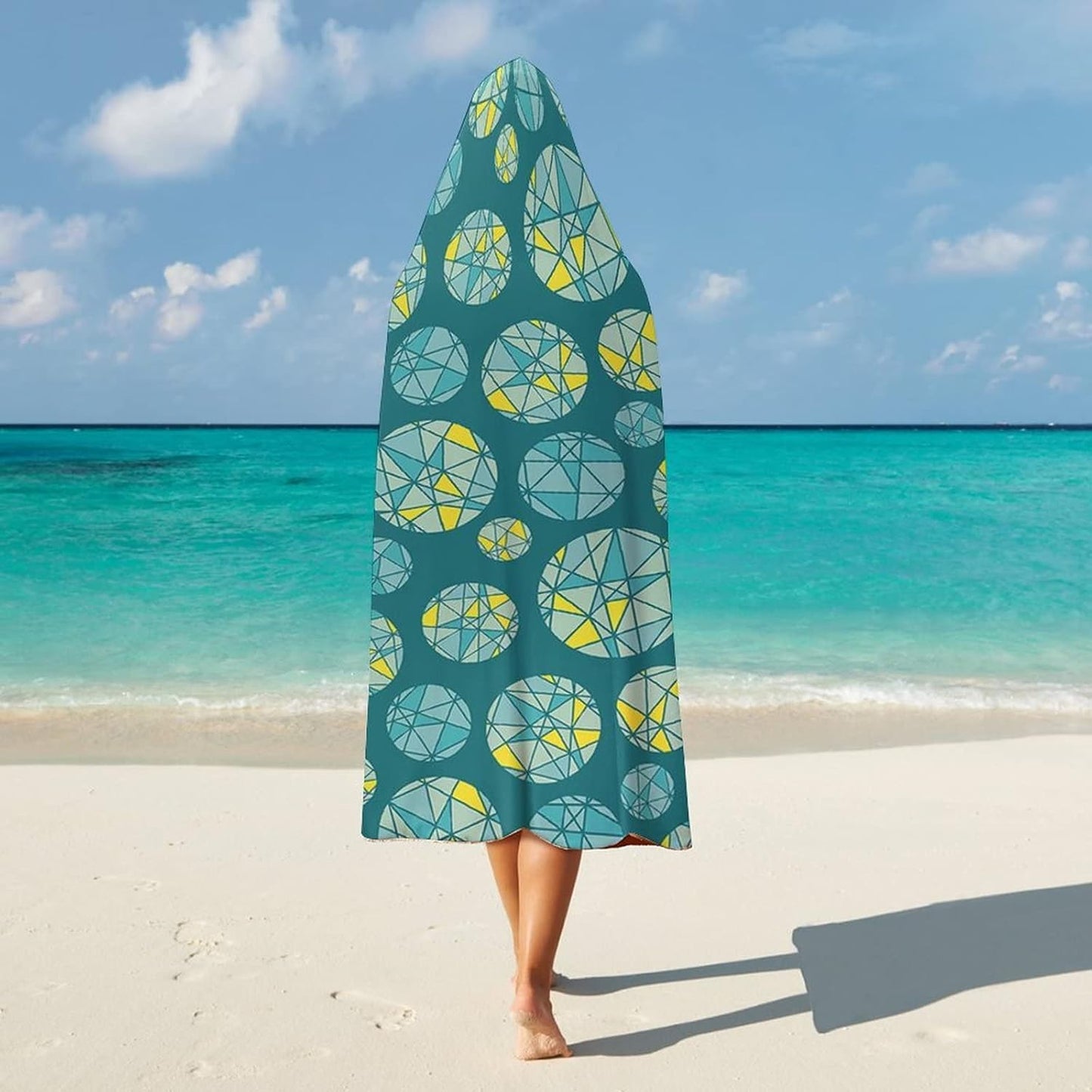 Throw Blankets, Teal Women Men Hooded Blanket, Geometric Mosaic Circles with Triangles Hipster Artistic, Soft Warm Cozy, 40 x 50inches, Studying Reading Snuggling Napping Office, Teal Yellow