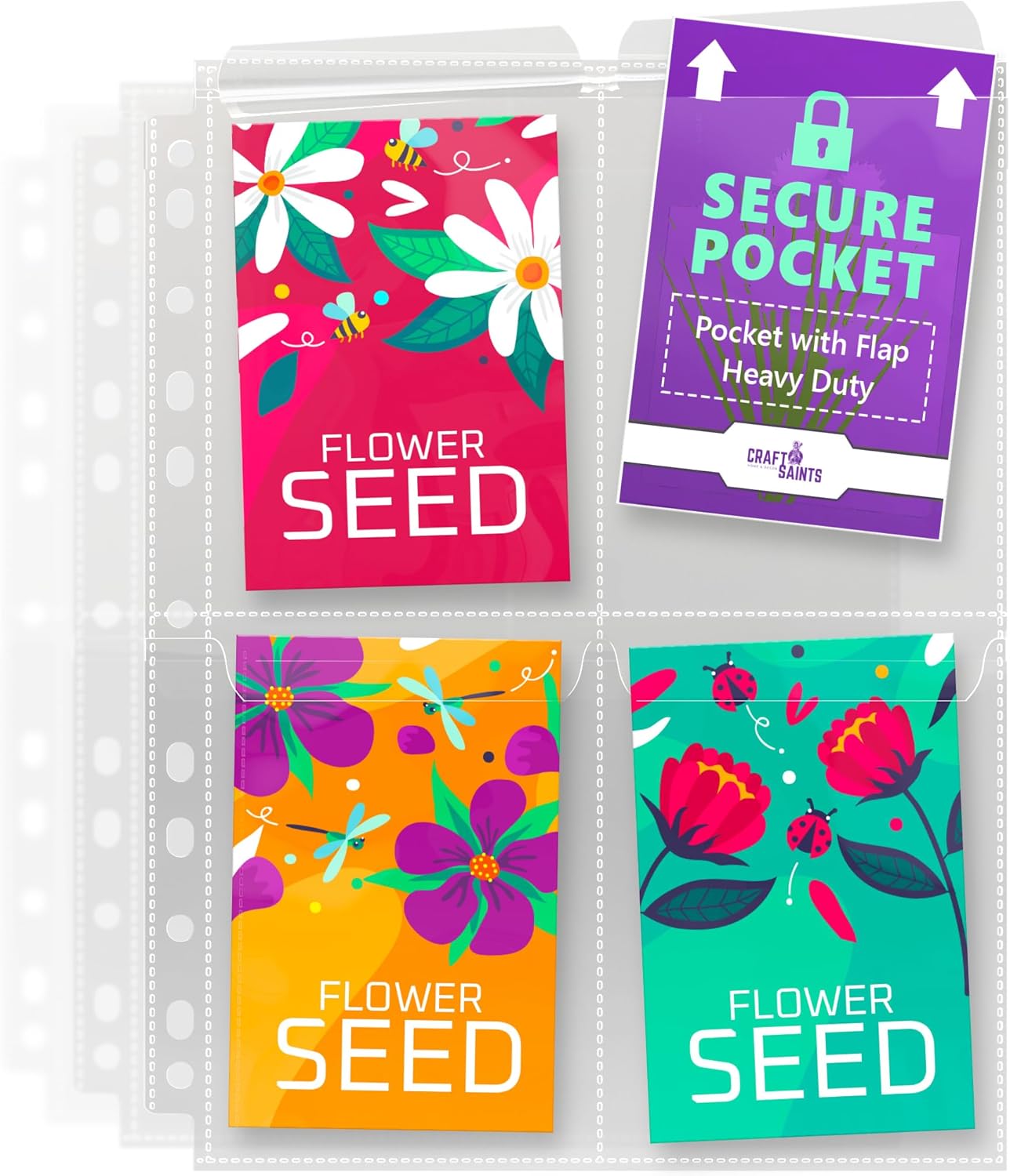 120 Pockets Spill-Proof Top Closure Seed Storage Organizer Sleeves (40 Pack) Heavy Duty 4 Pocket Garden Seed Organizer, Slot Size 3.5x5 Clear Sleeves for Seed Packet Storage, Seed Keeper, Seed Binder