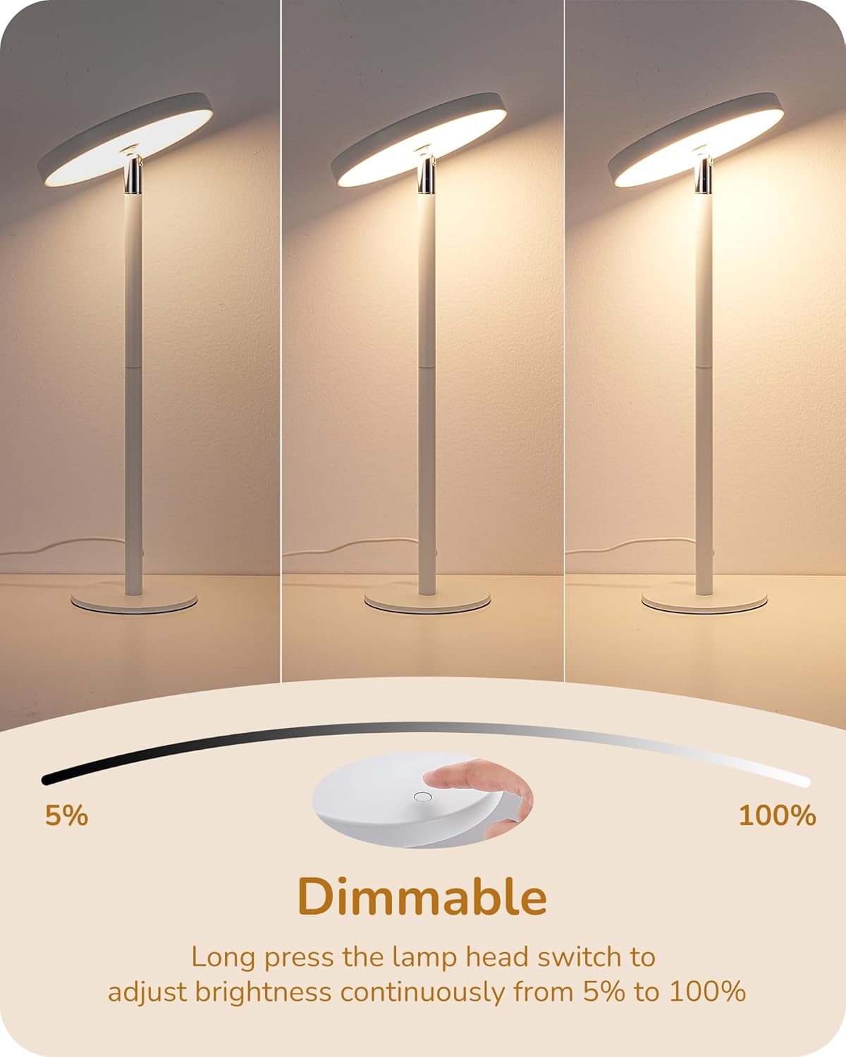 EDISHINE LED Table Lamp with 2 Adjustable Height, 5%-100% Dimmable & 3 Color Temperature, Touch Control, Modern Desk Lamp for Home Office, Living Room, White