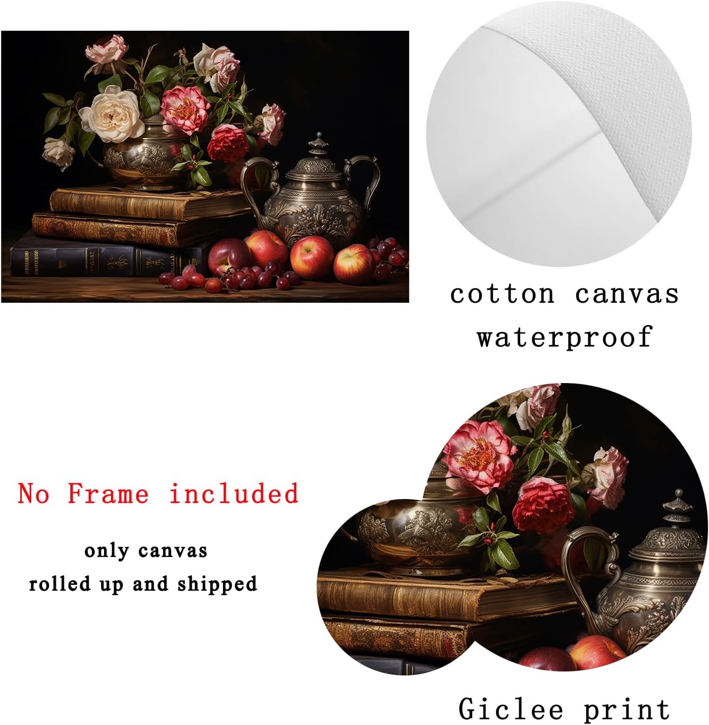 Moody Flower Books Canvas Wall Art Still Life Fruit Painting Victorian Floral Canvas Art Academia Poster Books Still Life Pictures Prints Vintage Dark Floral Picture 24x16 Inch Frameless
