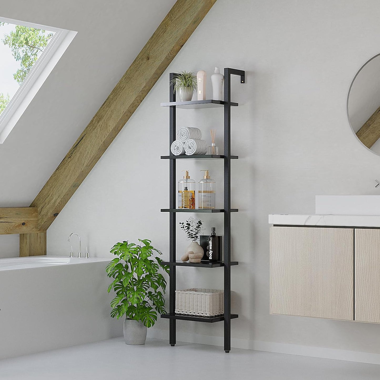 YMYNY 5 Tiers Narrow Ladder Bookcase, Industrial Wall Mounted Bookshelf, Open Display Rack with Metal Frame, Wooden Storage Shelves for Bedroom, Home Office, Living Room, Black, 70*17.3*11.8"UHBC015B