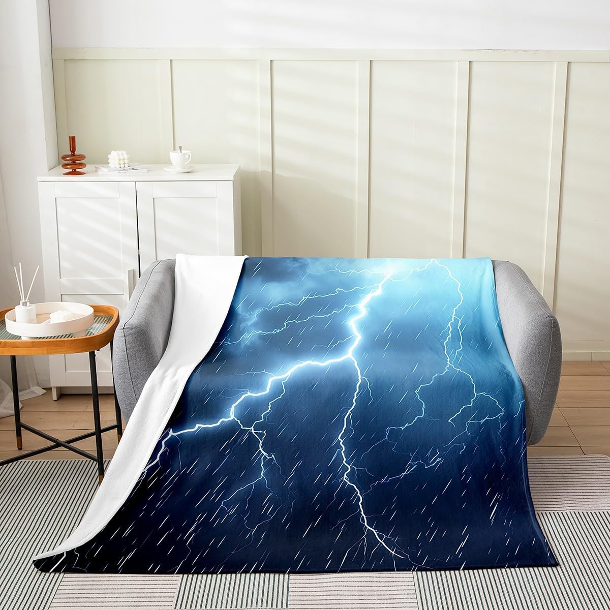 Erosebridal Nature Lightning Blanket for Adult Teens,Lightning Thunderstorm Throw Blanket Throw 50x60 Inch,Grey Cloud Fleece Blanket Soft Lightweight,Natural Disaster Themed Flannel Blanket Warm
