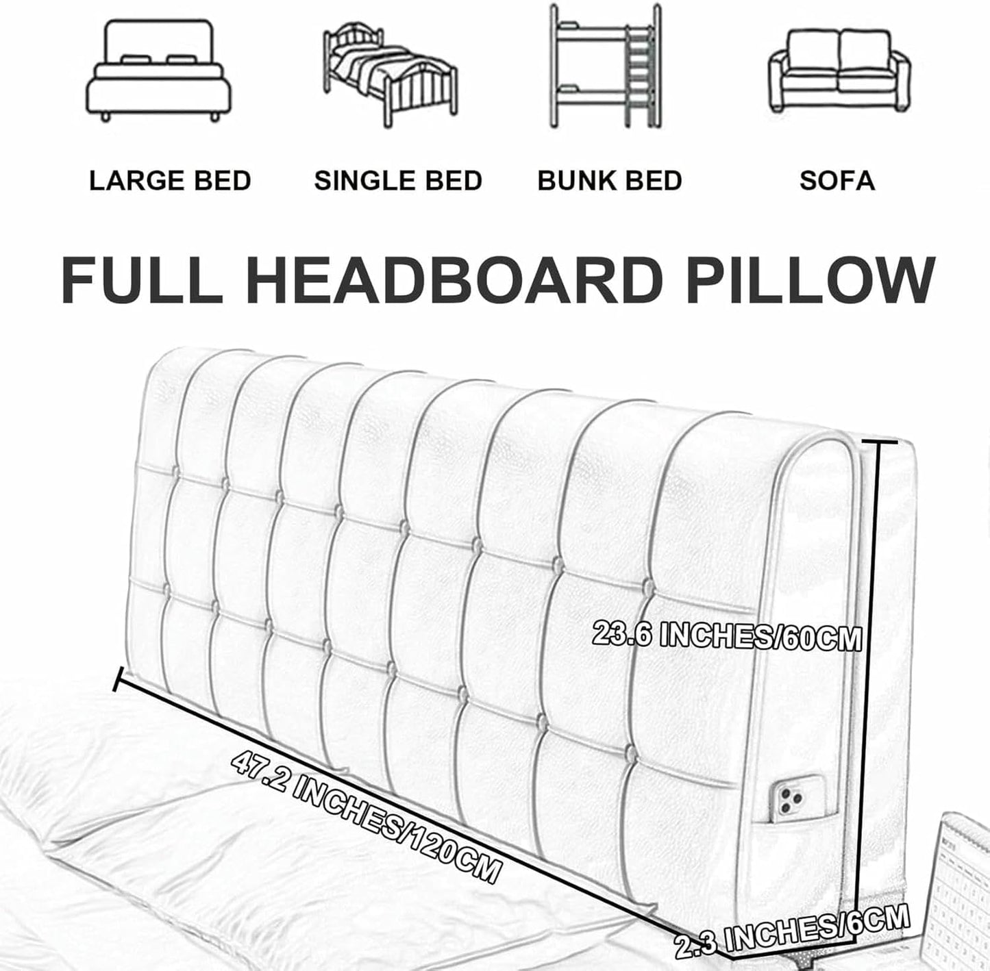 Faux Leather Upholstered Full Headboard Rectangle Bedside Cushion Tufted Button Headboard Pillow Soft Case for Daybed Bunk Bed Tatami Support Cushion,Brown,Paste/79x23x2In
