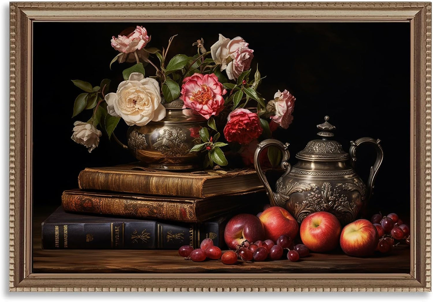 Moody Flower Books Canvas Wall Art Still Life Fruit Painting Victorian Floral Canvas Art Academia Poster Books Still Life Pictures Prints Vintage Dark Floral Picture 24x16 Inch Frameless