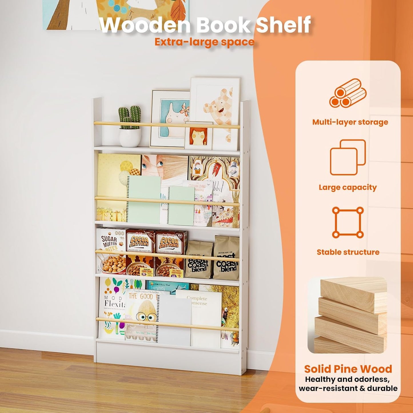 Wall Bookshelf for Kids, Behind The Door Bookshelf White Slim 4 Tier Shelf Hanging Wall Mounted Book Shelf, Kids Bookcase Storage Organizer for Office, Bedroom, Study Living Room