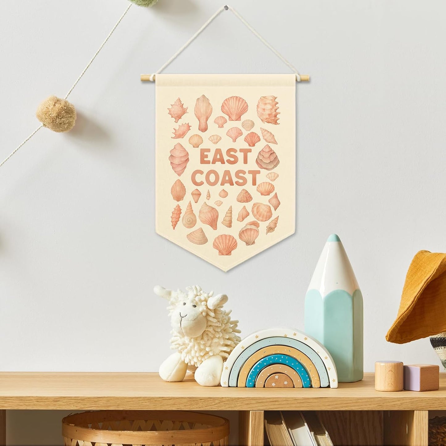 Pink East Coast Seashell Girly Room Decor, Coastal Beach Ocean Kids Banner Canvas, Preppy Sea Nursery Wall Hanging Frame Decor Art Pennant Flag for Beachy Toddler Room Playroom Dorm 11x15in