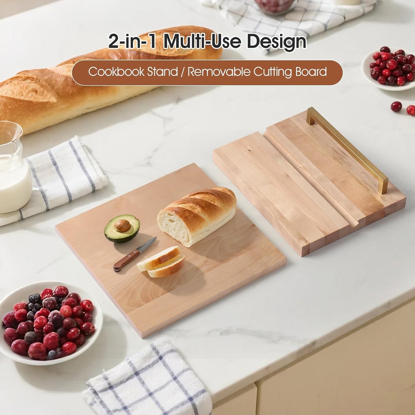 Cookbook Stand with Removable Cutting Board – Adjustable Recipe Book Holder, Charcuterie Board & Kitchen Serving Tray, Kitchen Counte Decor (Gold)