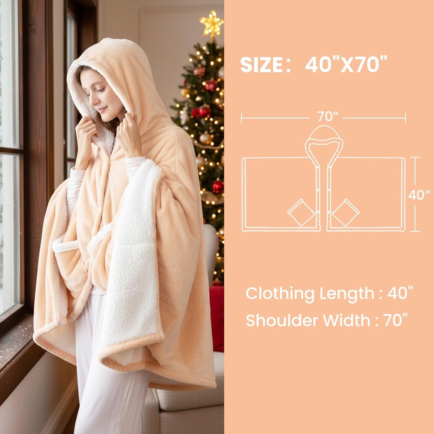 DAILYLIFE Wearable Heated Blanket, 40"x70" Eletric Throw with 6 Heating Levels and 12 Hours Timer, Heated Wrap Poncho Shawl & Hoodies with Pockets, Machine Washable with ETL Certification, Beige