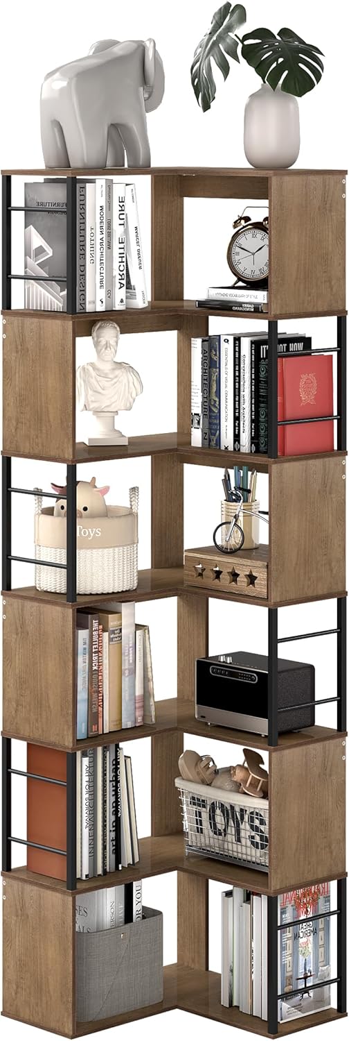 7 Tier L Shaped Corner Bookshelf, 74" Tall Metal Wood Bookcase with Anti-Tipping, Freestanding Display Storage Shelf, 77Lbs Per Shelf for Home Office Living Room Bedroom (Brown)