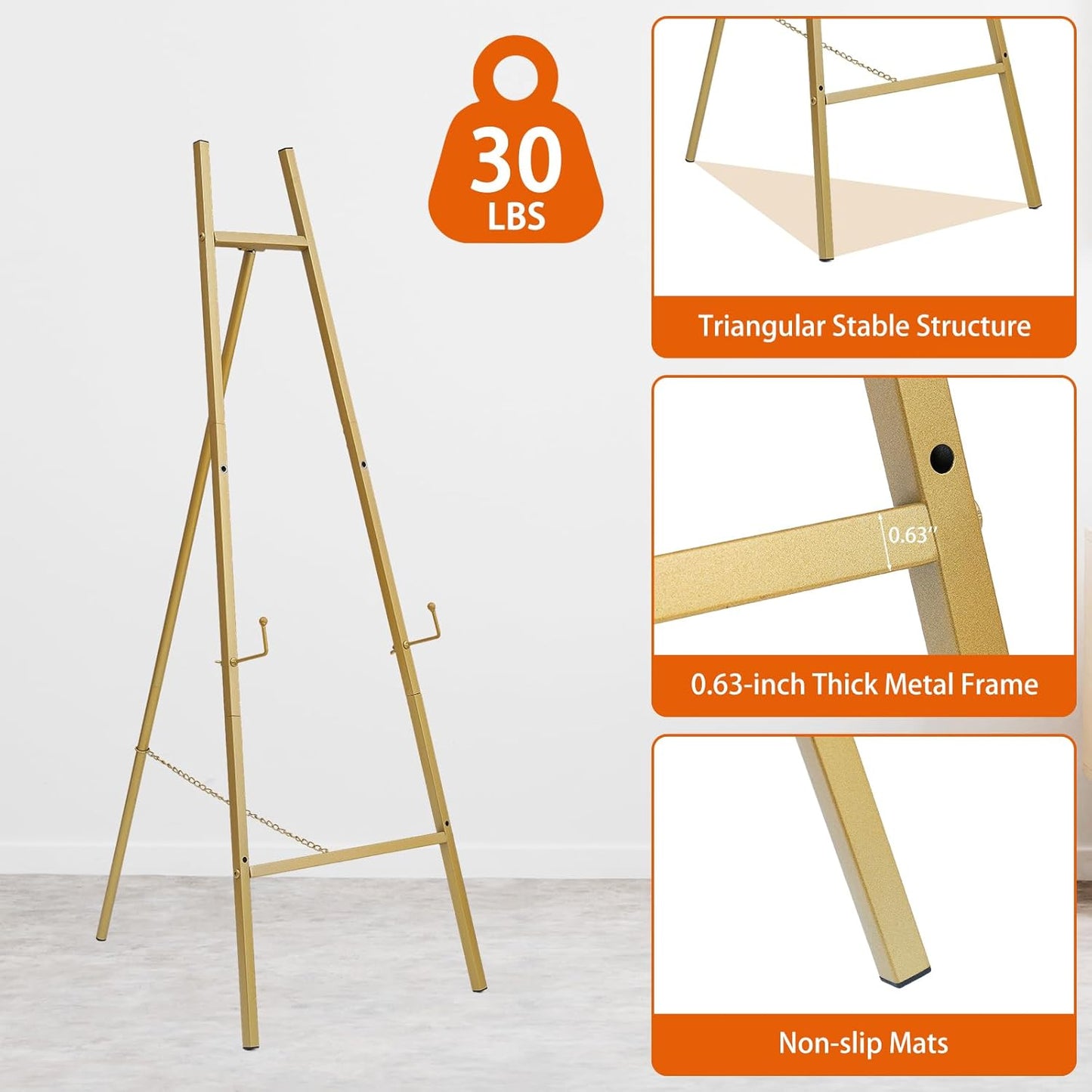 Metal Easel Stand with Chain Support for Mirror,58 Inch Floor Easels for Display Wedding Sign,Iron Adjustable Arts & Crafts Easels(Gold)