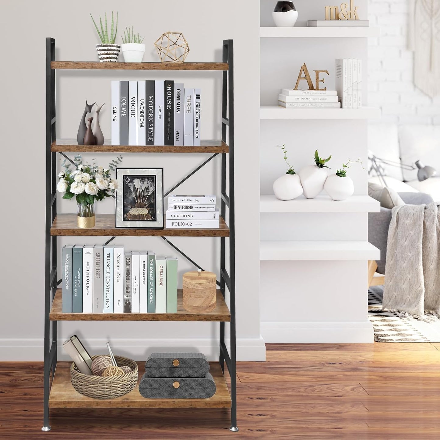 TooCust 5 Tier Ladder Bookshelf, Heavy Duty Rustic Brown Wood and Metal Bookcase with 1.2" Thick Shelves, 63" H x 30" W x 14" D, Industrial Open Storage Shelving for Living Room, Bedroom, Kitchen