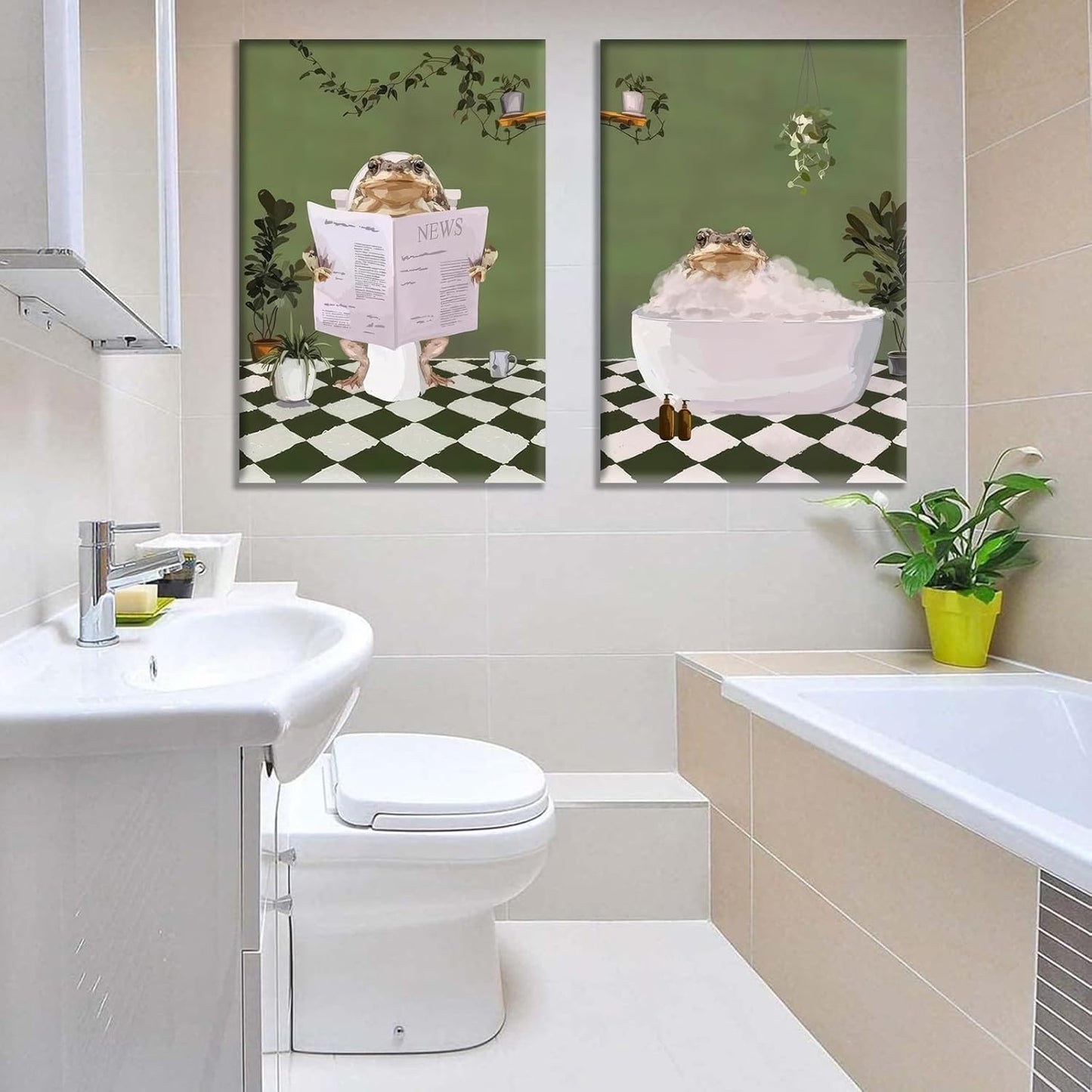 2Pcs Bathroom Frog Wall Art Creativity Aesthetic Maximalist Green Posters Pictures Frog in Bathtub Canvas Painting Funny Retro Eclectic Animal Reading Newspaper Prints Humor Toilet Wall Decor Framed