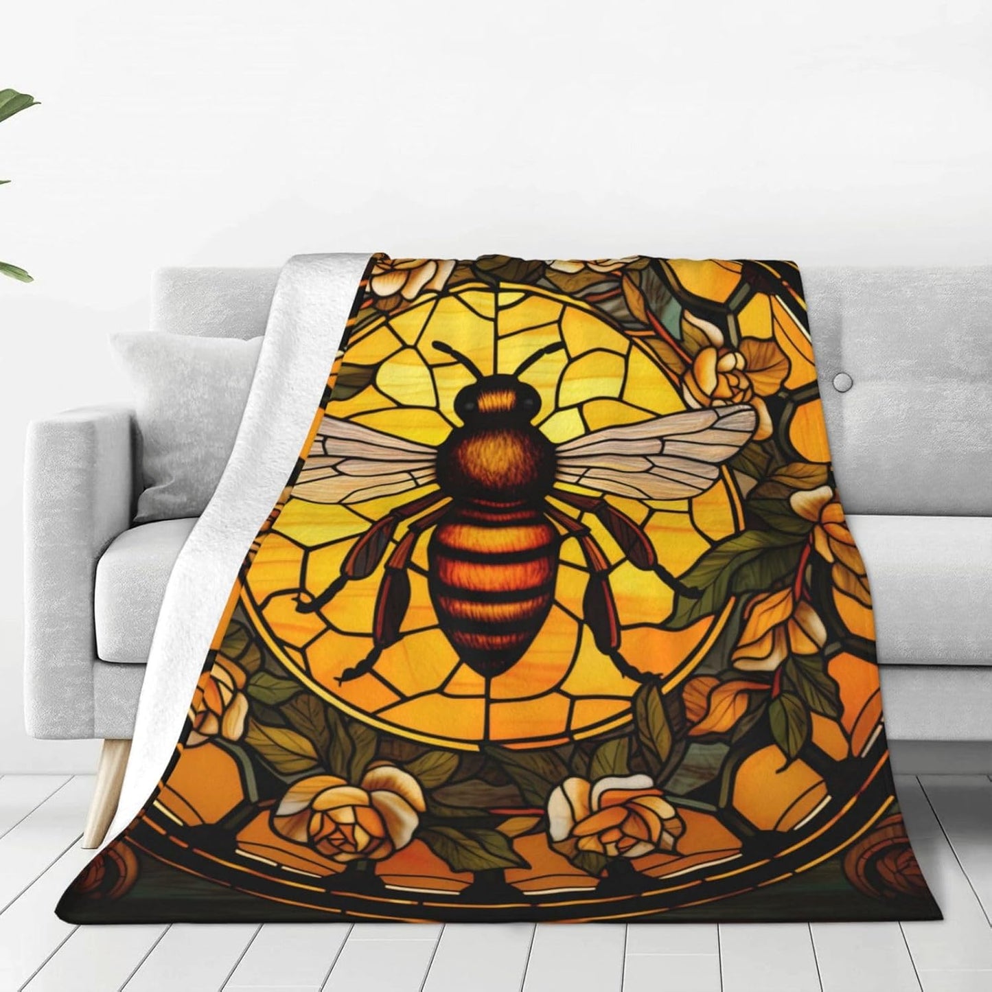 Bee Blanket for Adults Kids Bee Blanket Gifts 60" x 50" Flannel Stained-Glass Bee Yellow Rose Throw Blanket for Bed Living Room Sofa Couch Soft Warm Lightweight Cozy Bee Decor